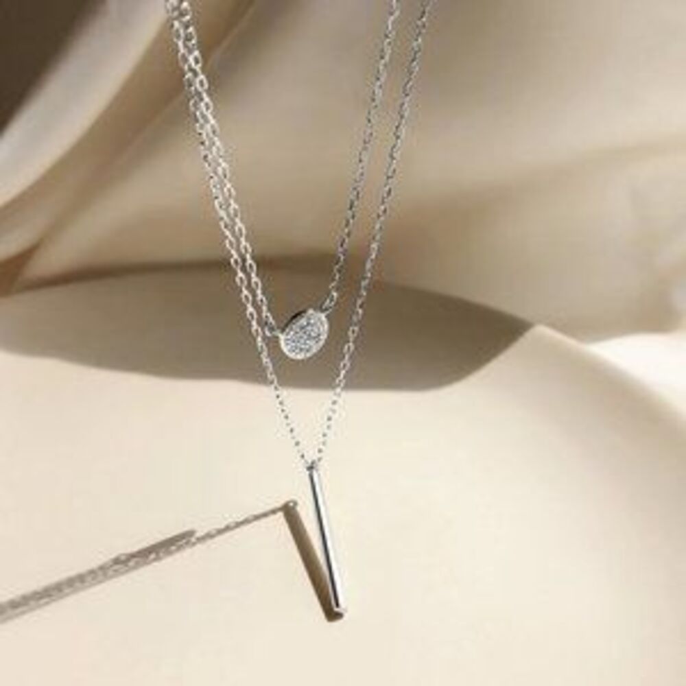 NEW 925 Silver Diamond Coin Bar Layered Necklace 7